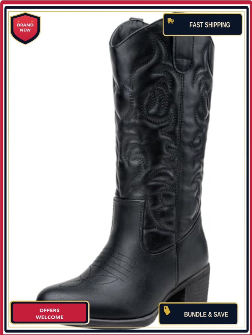 Women's Cowboy Boots Western Cowgirl Round Toe Mid Calf Pull On Embroidered